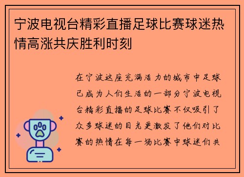 宁波电视台精彩直播足球比赛球迷热情高涨共庆胜利时刻